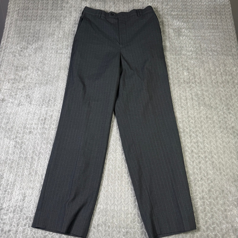 George Mens Dress Pants 32x32 Dark Grey Pinstripe Flat Front Straight Leg